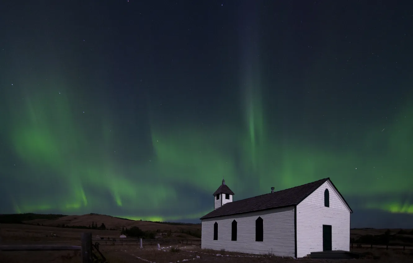 Photo wallpaper the sky, Northern lights, Church