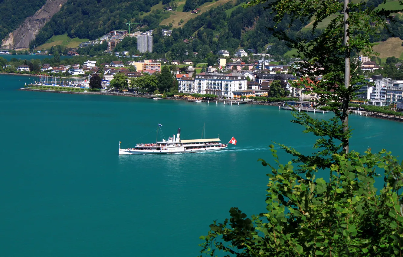 Photo wallpaper lake, rocks, shore, home, Switzerland, ship, Schwyz