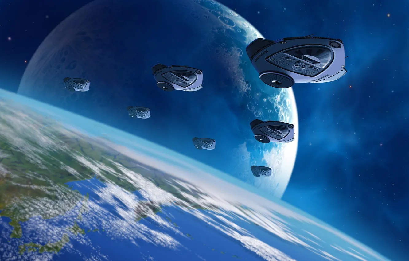 Photo wallpaper earth, ship, orbit, squadron