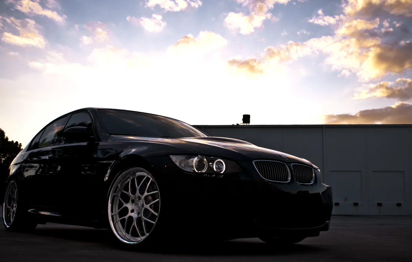 Photo wallpaper the sky, clouds, sunset, black, BMW, BMW, black, Sedan