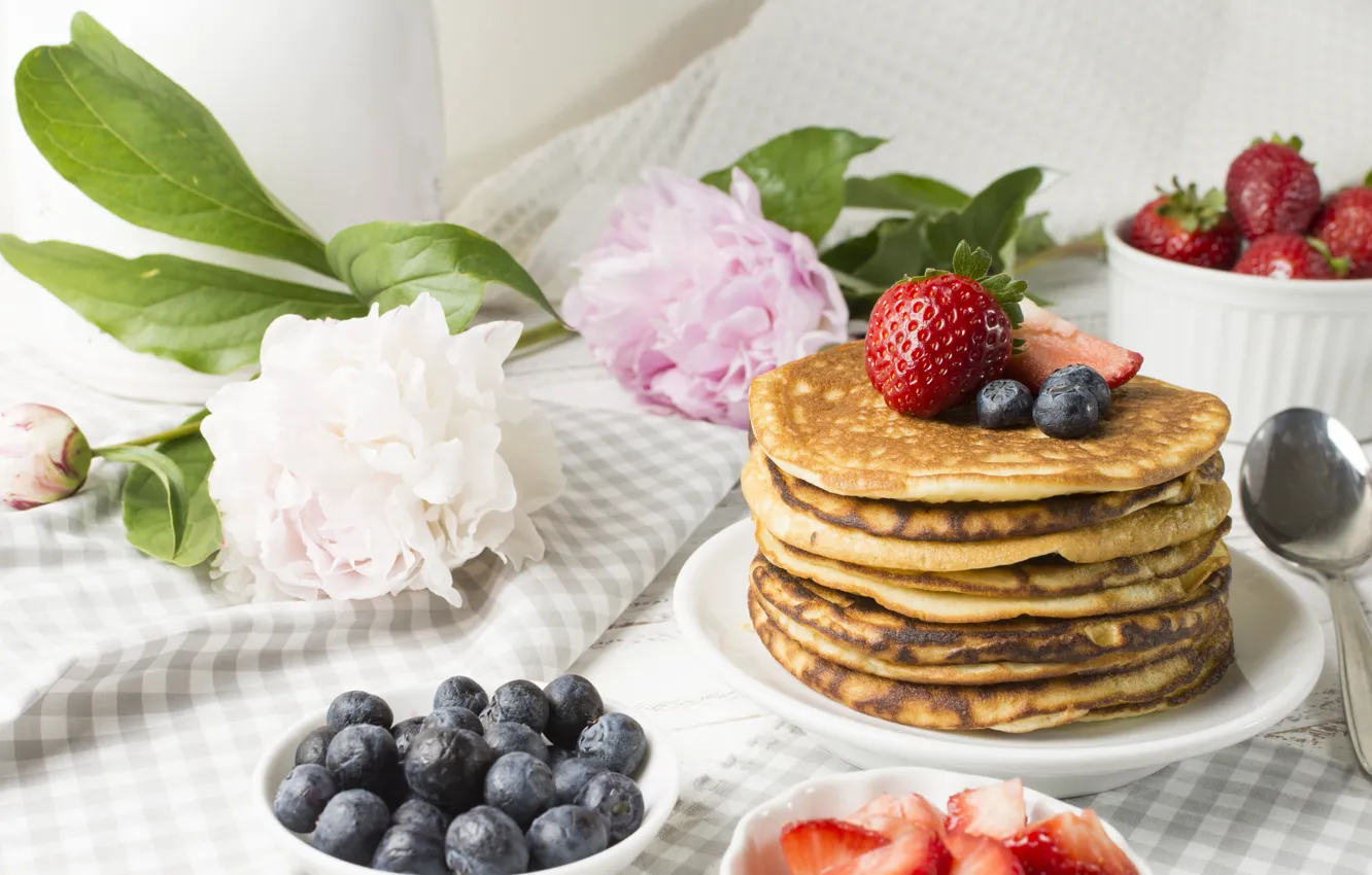 Photo wallpaper flowers, berries, Breakfast, blueberries, strawberry, pancakes, peonies, strawberry