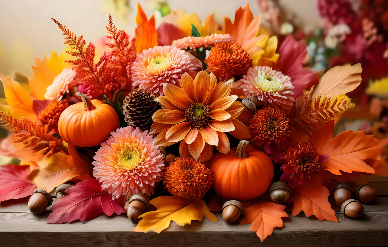 Photo wallpaper autumn, leaves, bouquet, pumpkin, acorns, TO, AI art