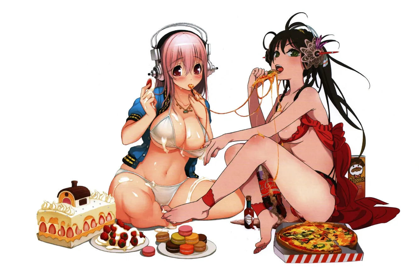 Photo wallpaper headphones, bikini, two girls, pizza, pink hair, Yuki Hime, macaroni, Sonic
