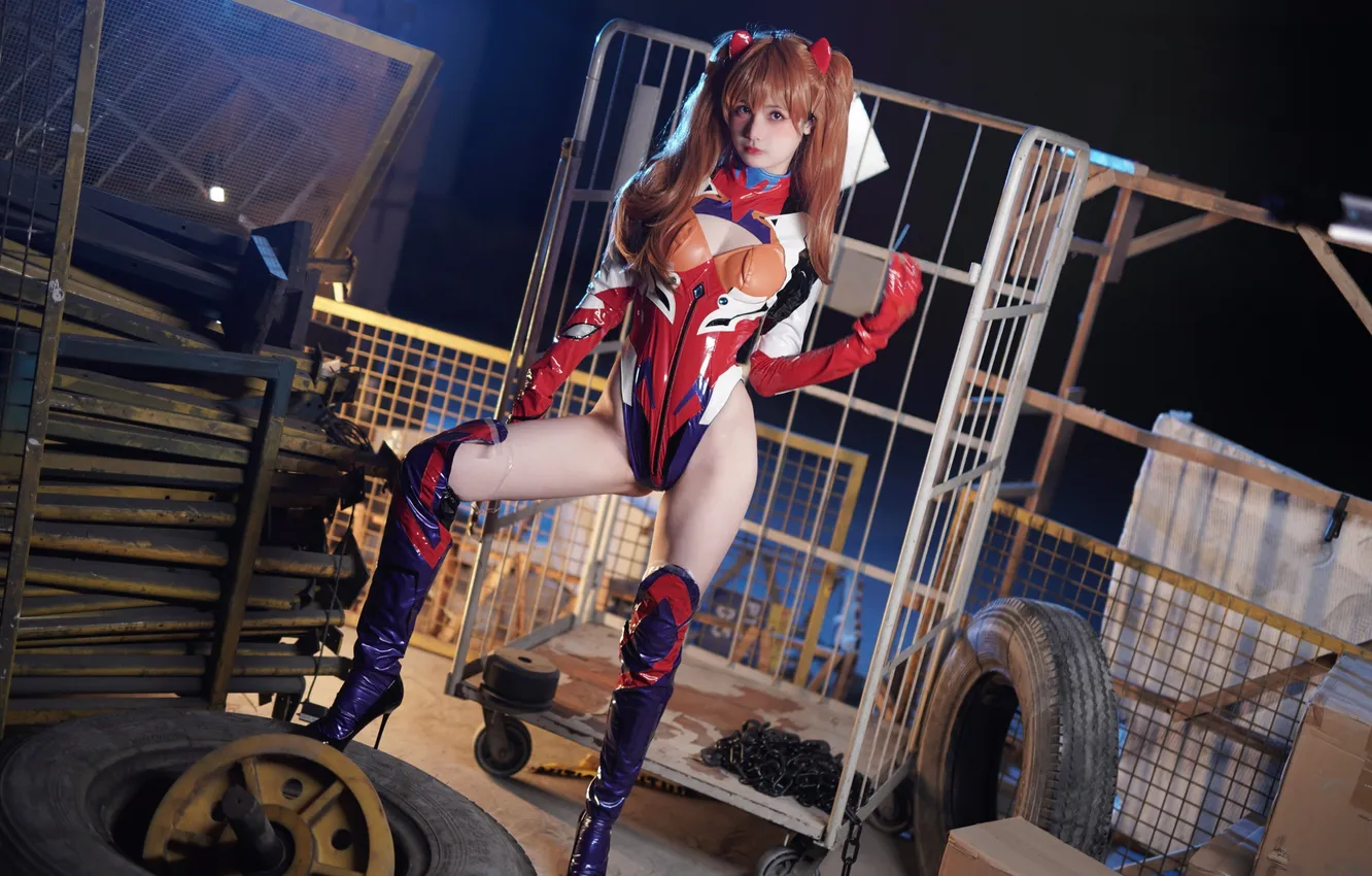 Photo wallpaper women, looking at viewer, Asian, redhead, spread legs, cleavage, chengzimiaoj, cosplay