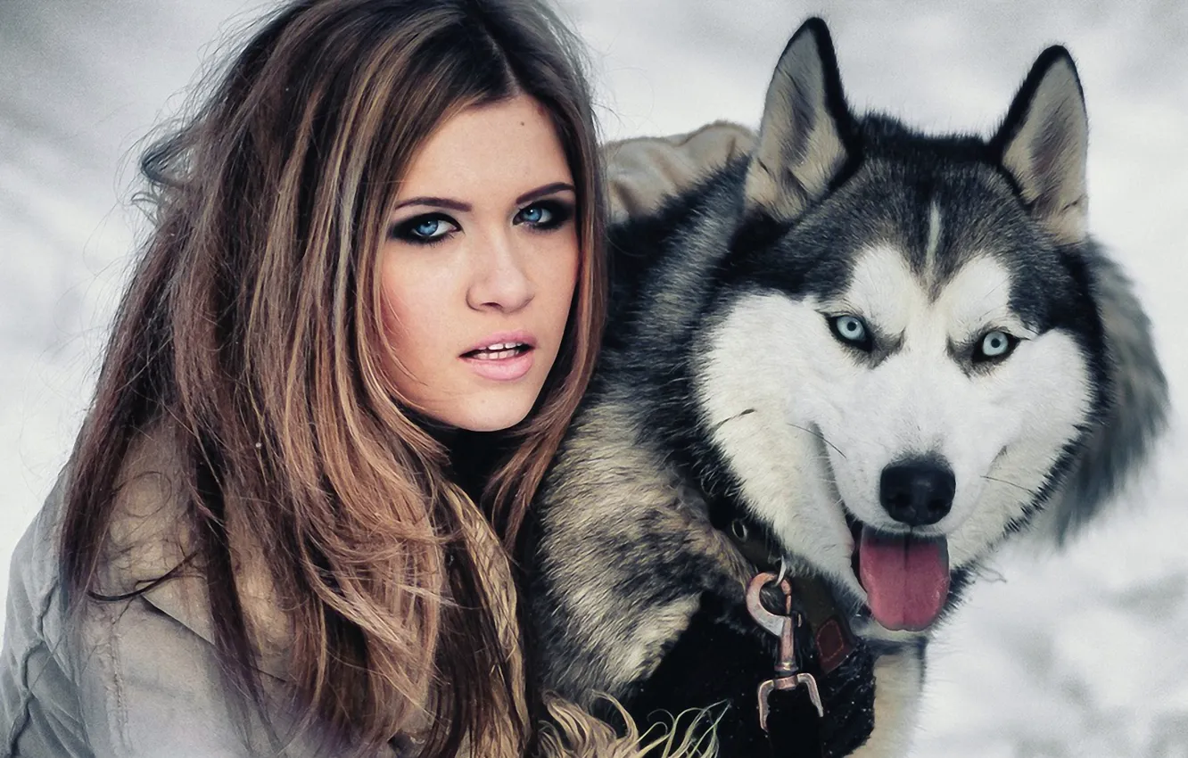 Photo wallpaper girl, dog, friendship, blue eyes, husky