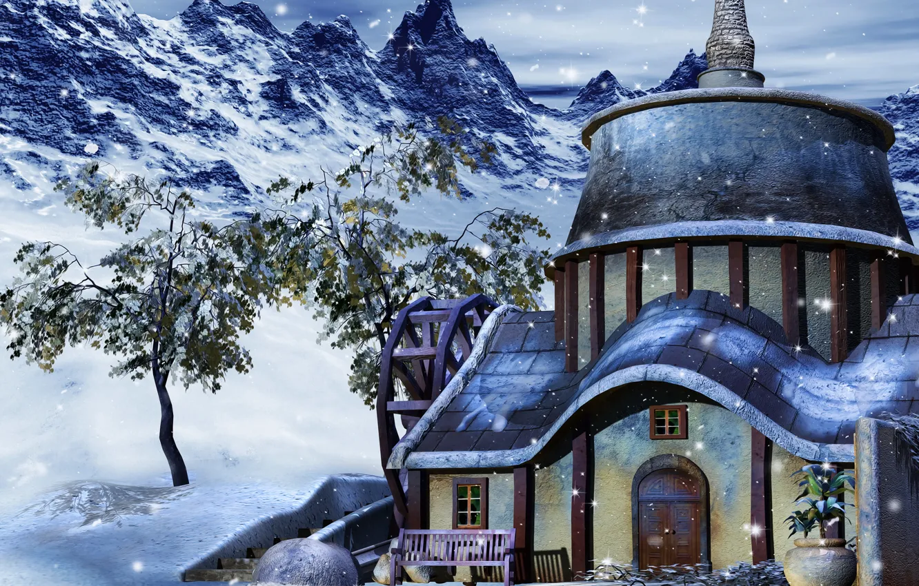 Photo wallpaper photo, Winter, Snow, House, 3D Graphics