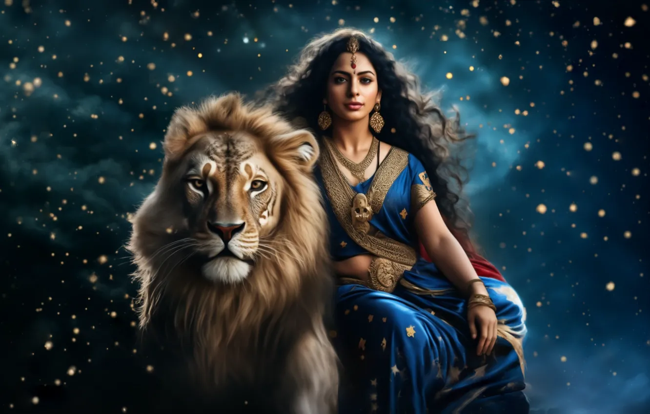 Photo wallpaper girl, stars, animal, the universe, people, Leo, fantasy, goddess