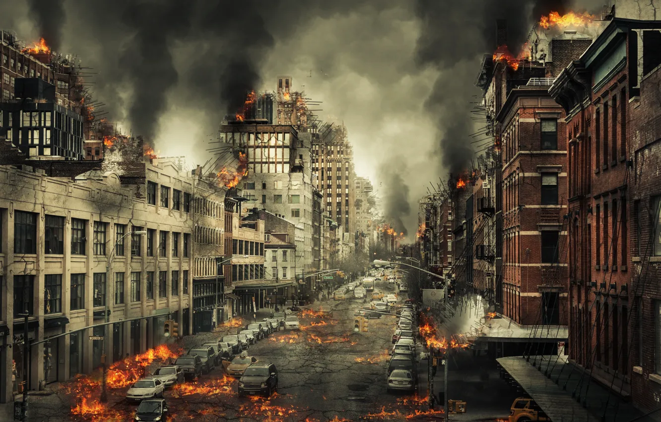 Photo wallpaper the city, flame, street, Armageddon