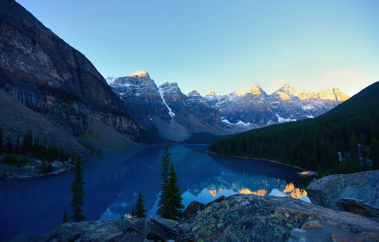 Photo wallpaper forest, the sky, light, snow, mountains, lake, reflection, blue