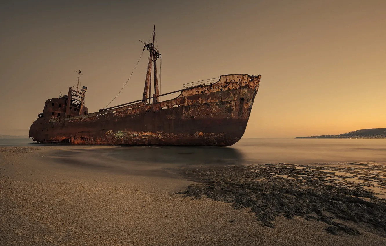 Photo wallpaper coast, ship, Greece, the skeleton, old, rust, Dimitrios shipwreck