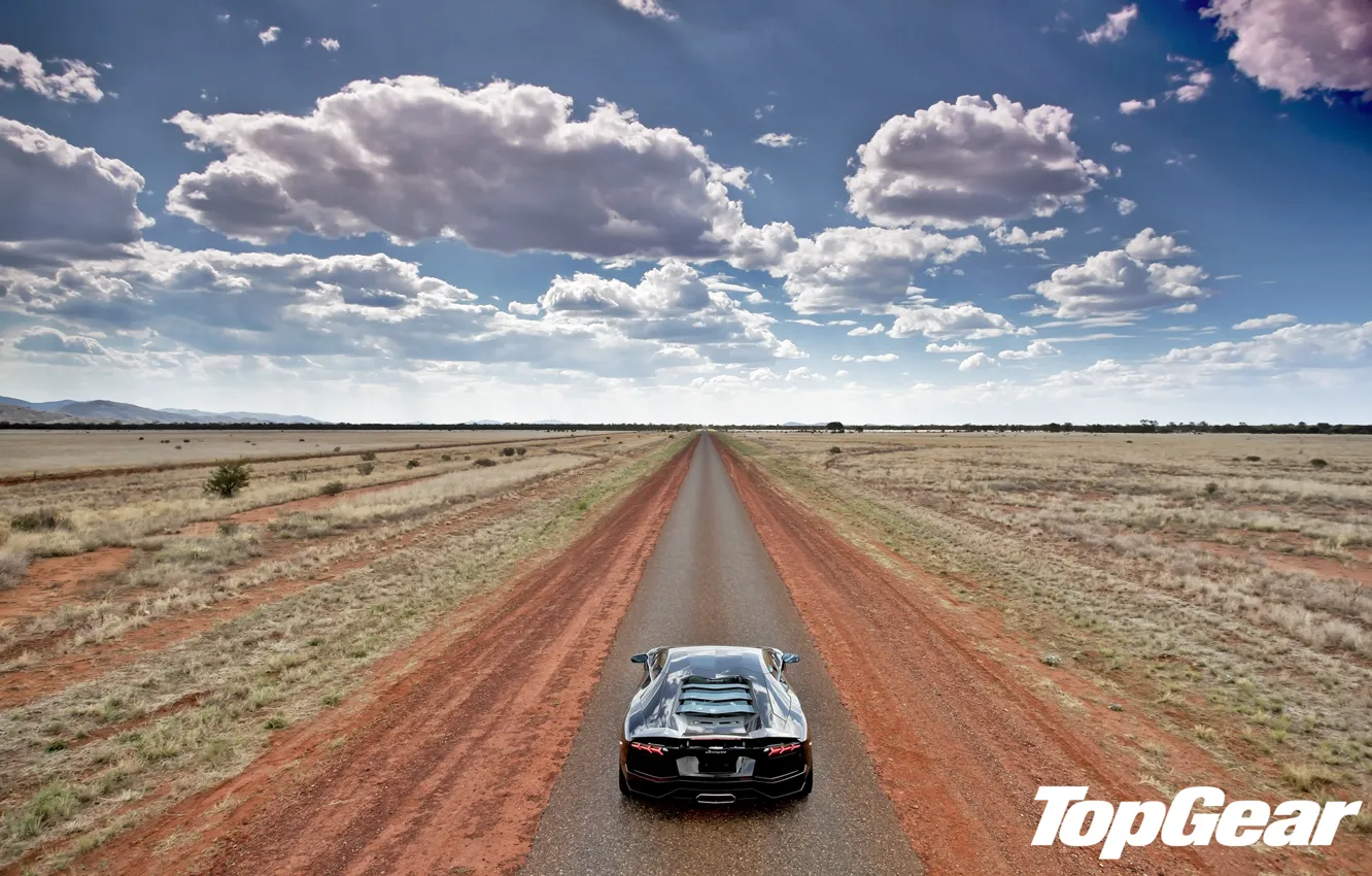Photo wallpaper road, the sky, clouds, the steppe, black, Lamborghini, horizon, supercar