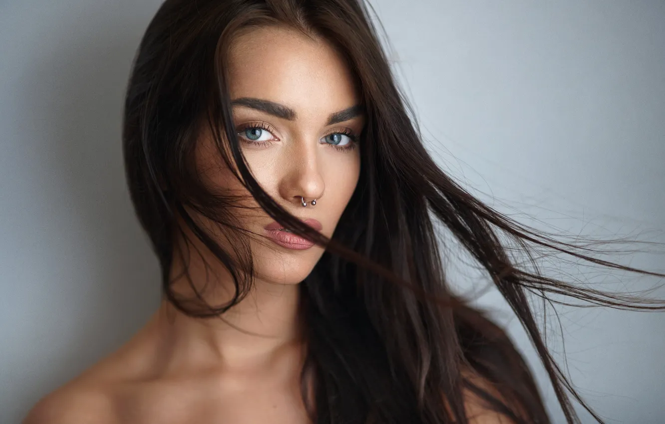 Photo wallpaper girl, long hair, brown hair, photo, photographer, blue eyes, model, lips