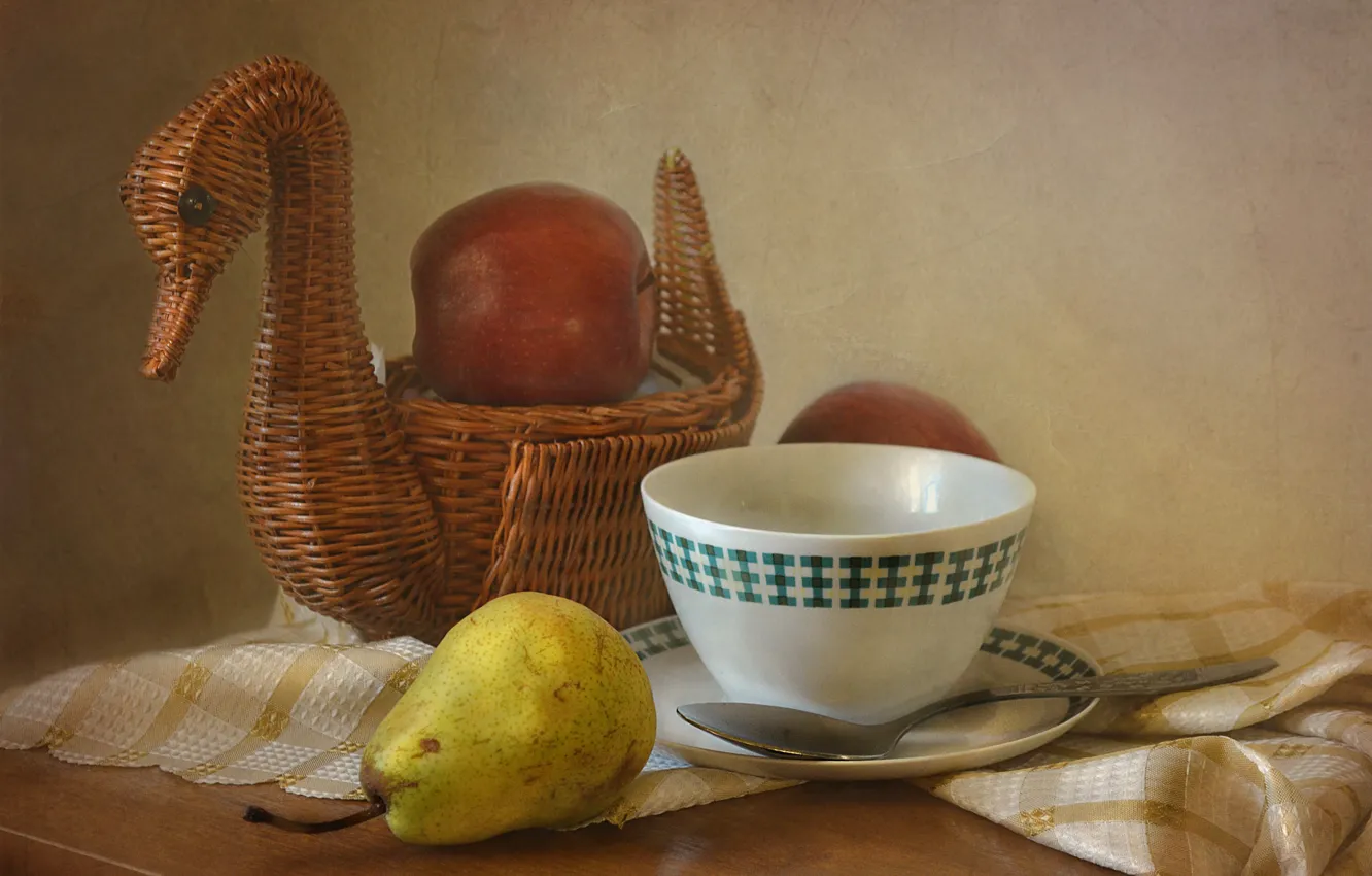 Photo wallpaper table, apples, Cup, dishes, fruit, still life, pear, tablecloth