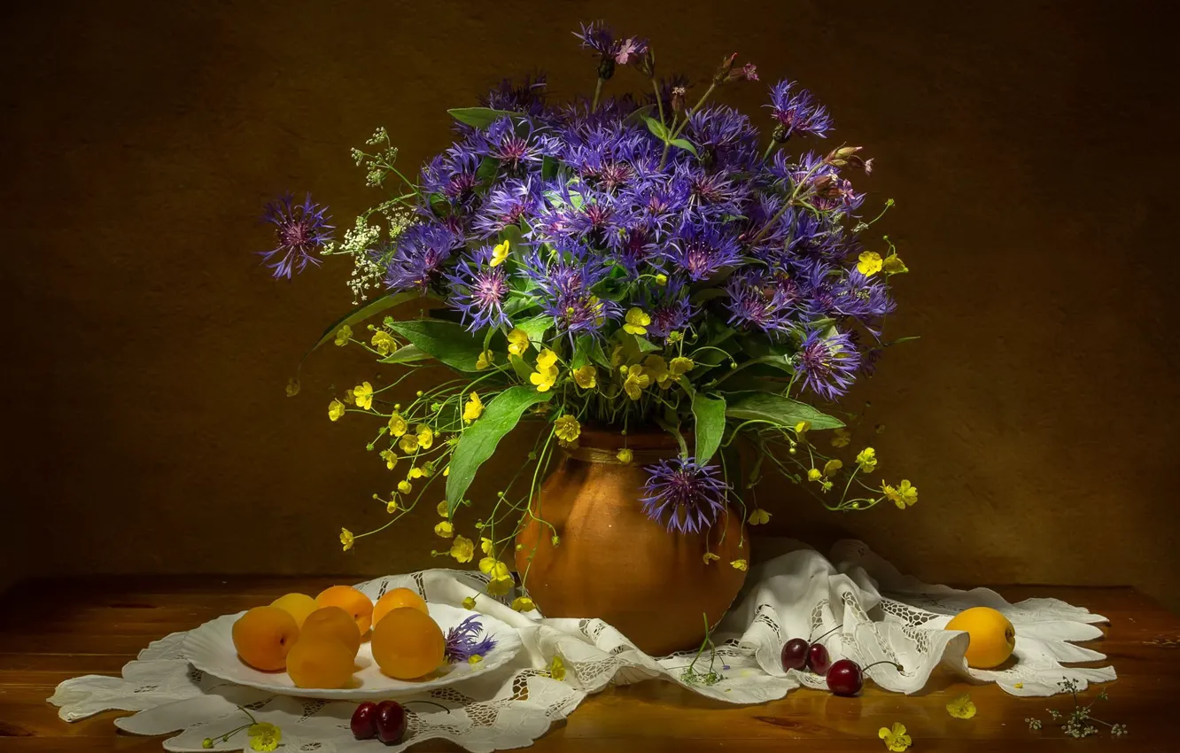 Photo wallpaper flowers, bouquet, still life, cornflowers, apricots