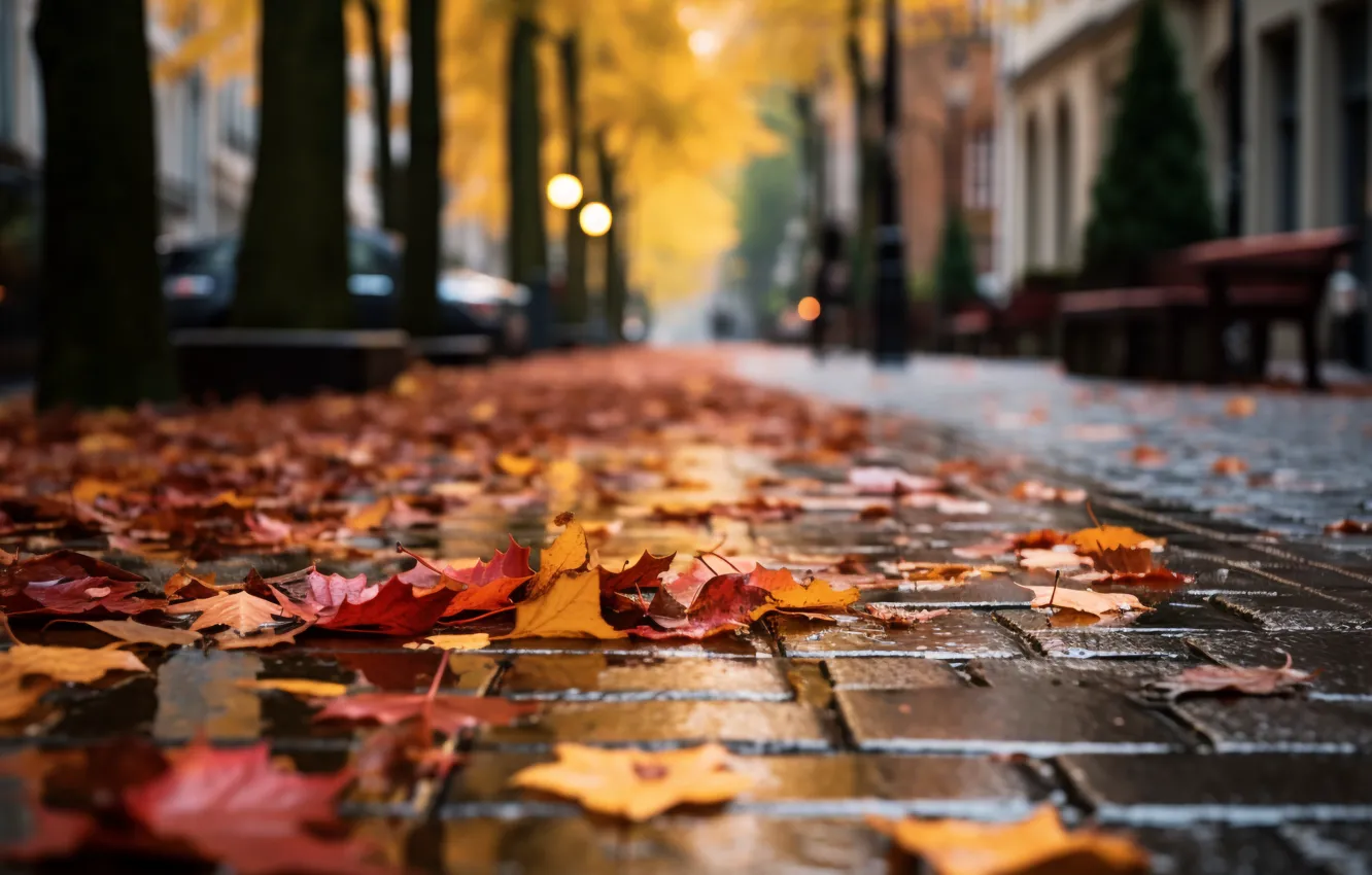 Photo wallpaper autumn, leaves, background, street, background, autumn, leaves, street