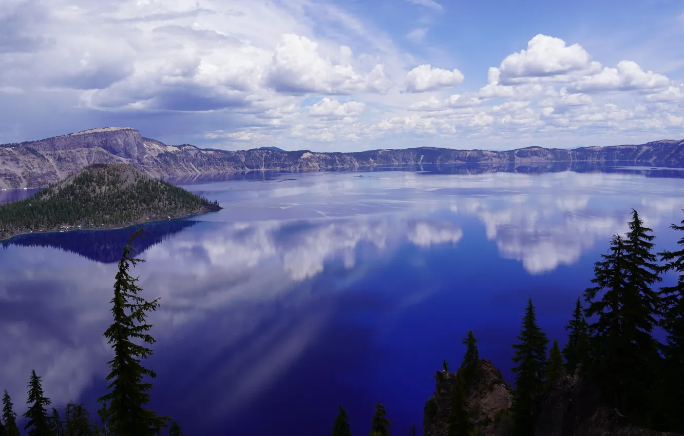 Photo wallpaper Clouds, Mountains, Lake, Trees, Horizon, Morning, Clouds, Horizon