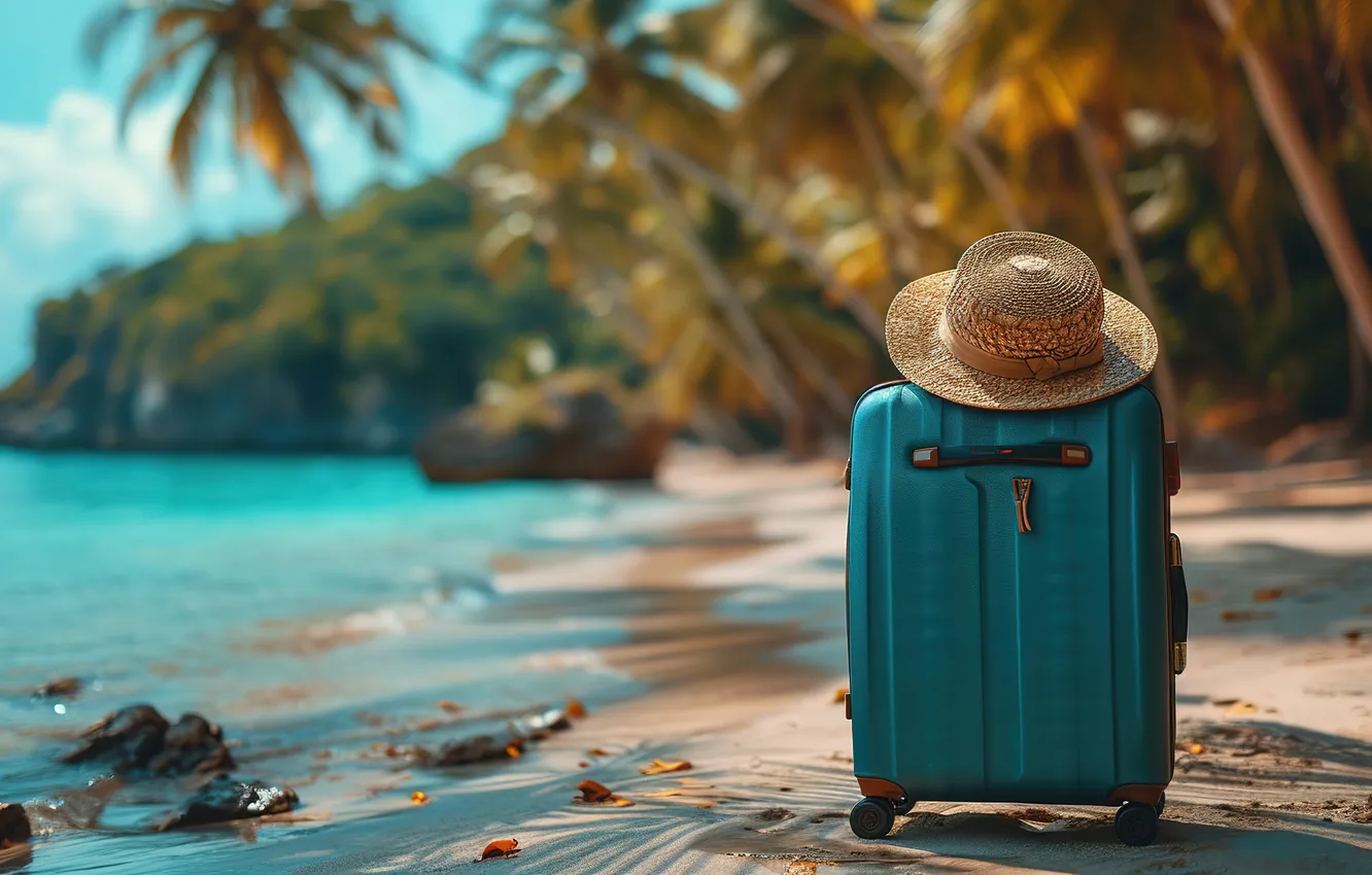 Photo wallpaper sand, sea, wave, beach, summer, the sky, palm trees, shore