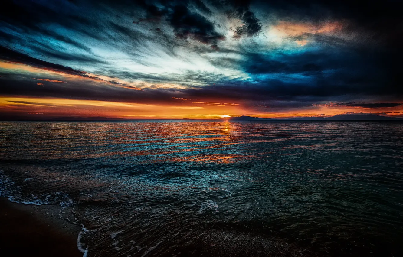 Photo wallpaper sand, sea, wave, beach, sunset, horizon, landscape. beauty