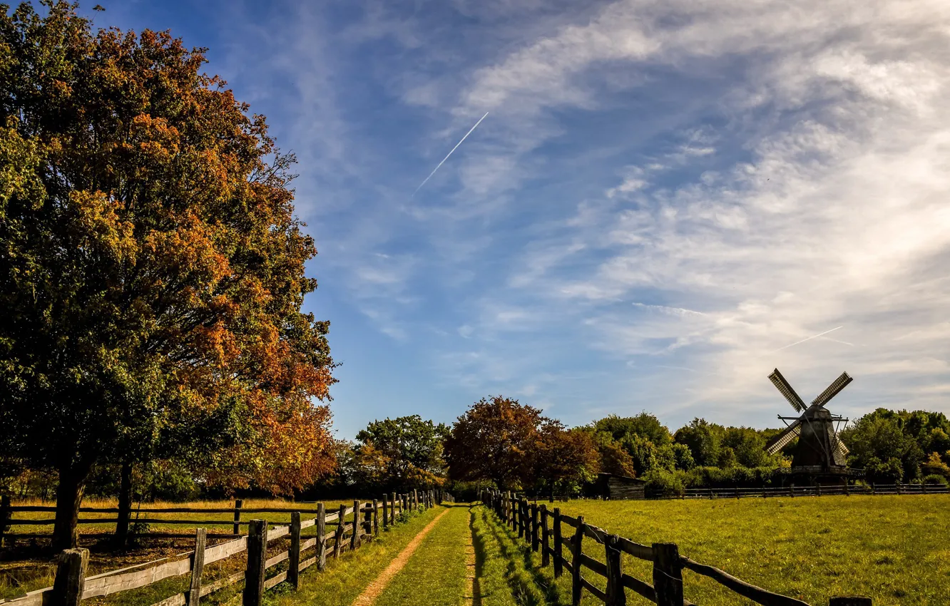 Photo wallpaper field, autumn, the sun, trees, mill, fence