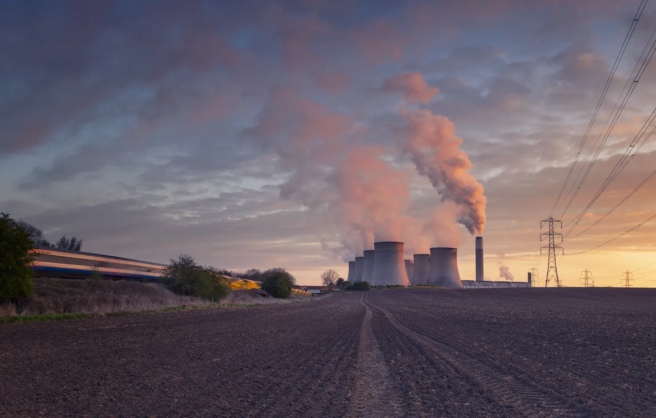 Photo wallpaper field, sunset, smoke, pipe