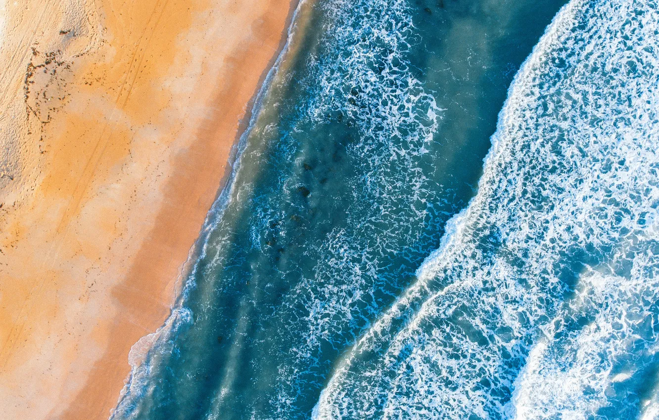 Photo wallpaper waves, beach, sea, foam, aerial view
