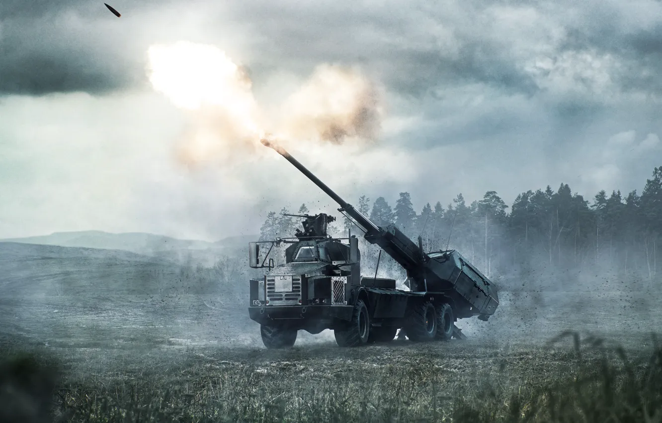 Photo wallpaper forest, clouds, trees, shot, Sweden, SAU, shell, self-propelled artillery