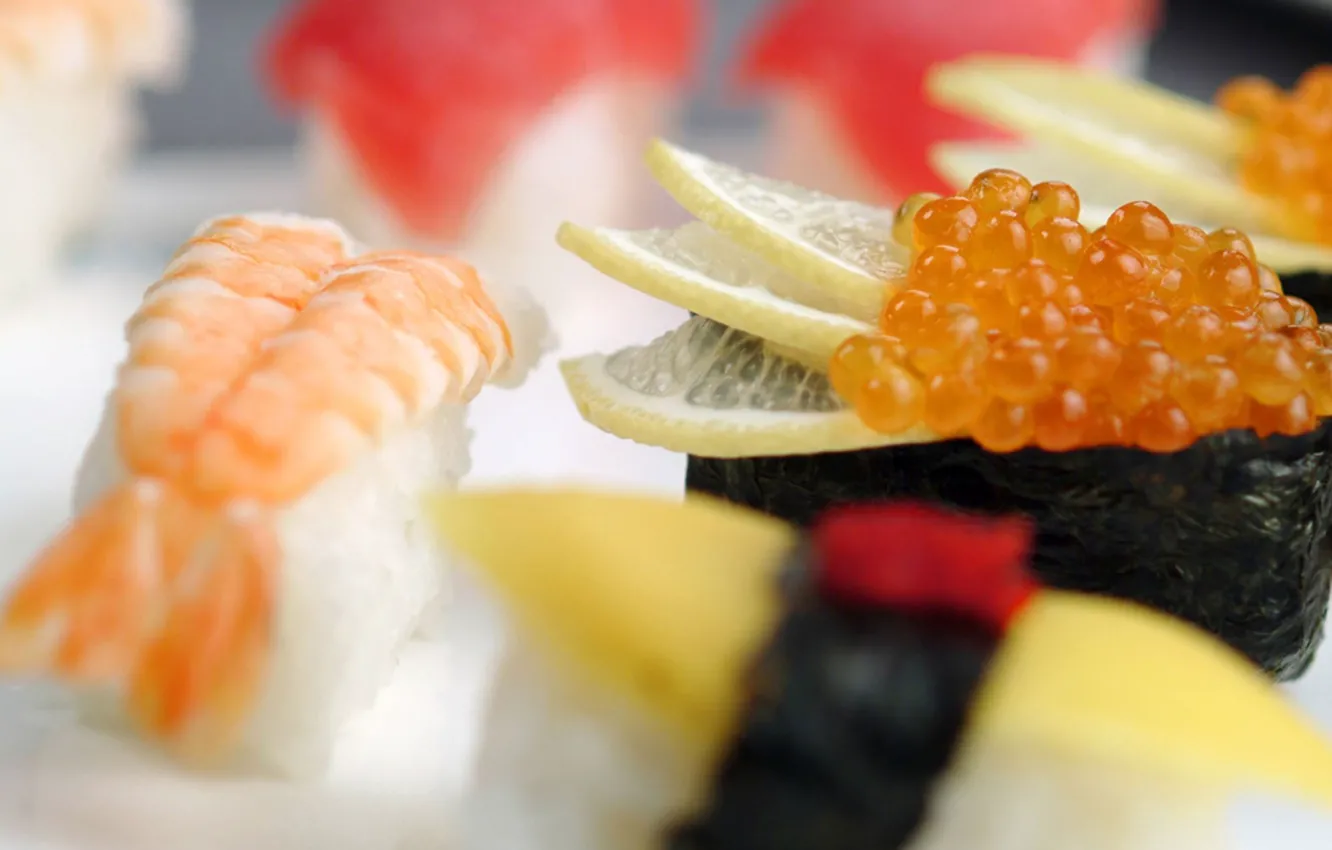 Photo wallpaper lemon, food, shrimp, figure, caviar, delicious, sushi