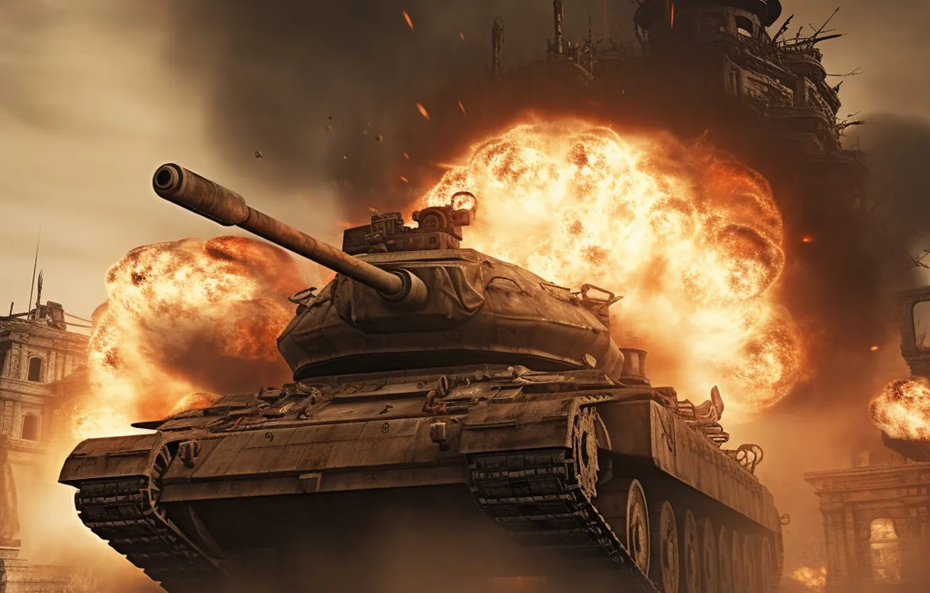 Photo wallpaper the explosion, lights, home, tank, digital art, AI art, The Art of Artificial Intelligence, War …
