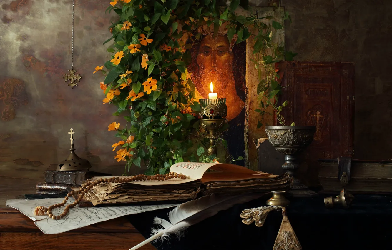 Photo wallpaper flowers, candles, feathers, book, still life, icon, rosary, Jesus Christ