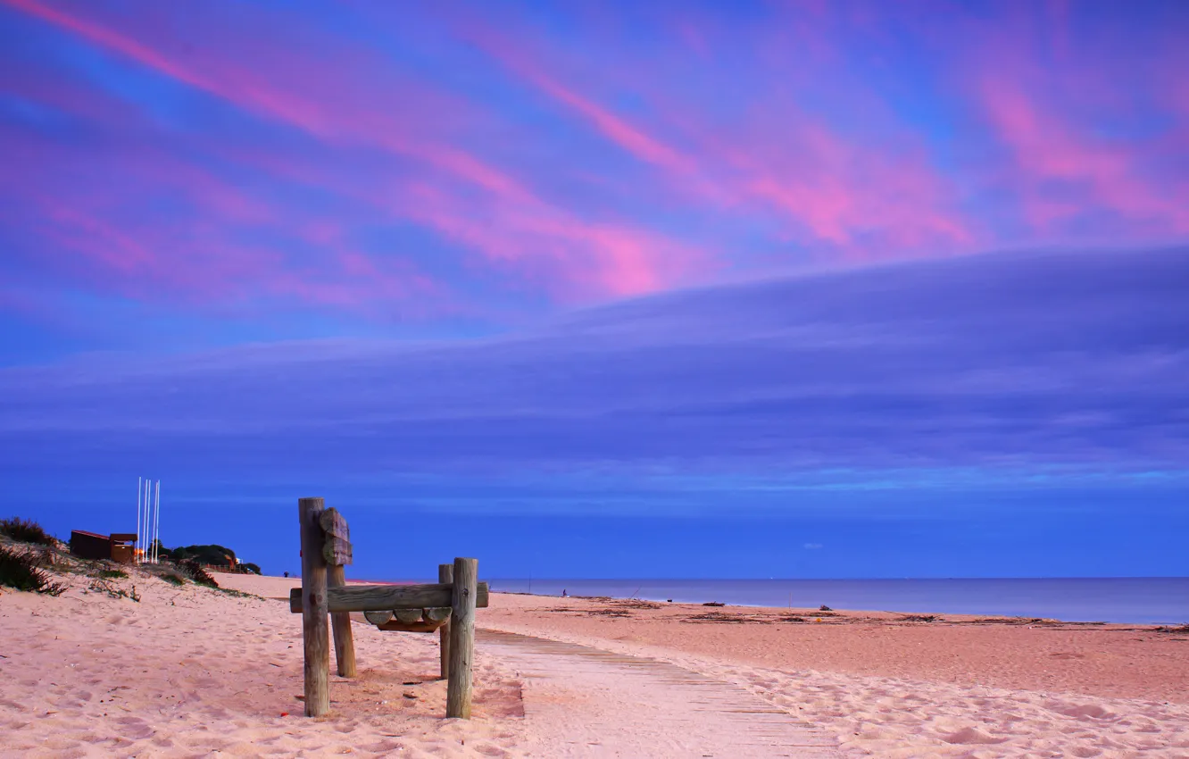 Photo wallpaper sand, beach, bench, coast, track, The Atlantic ocean, Atlantic Ocean