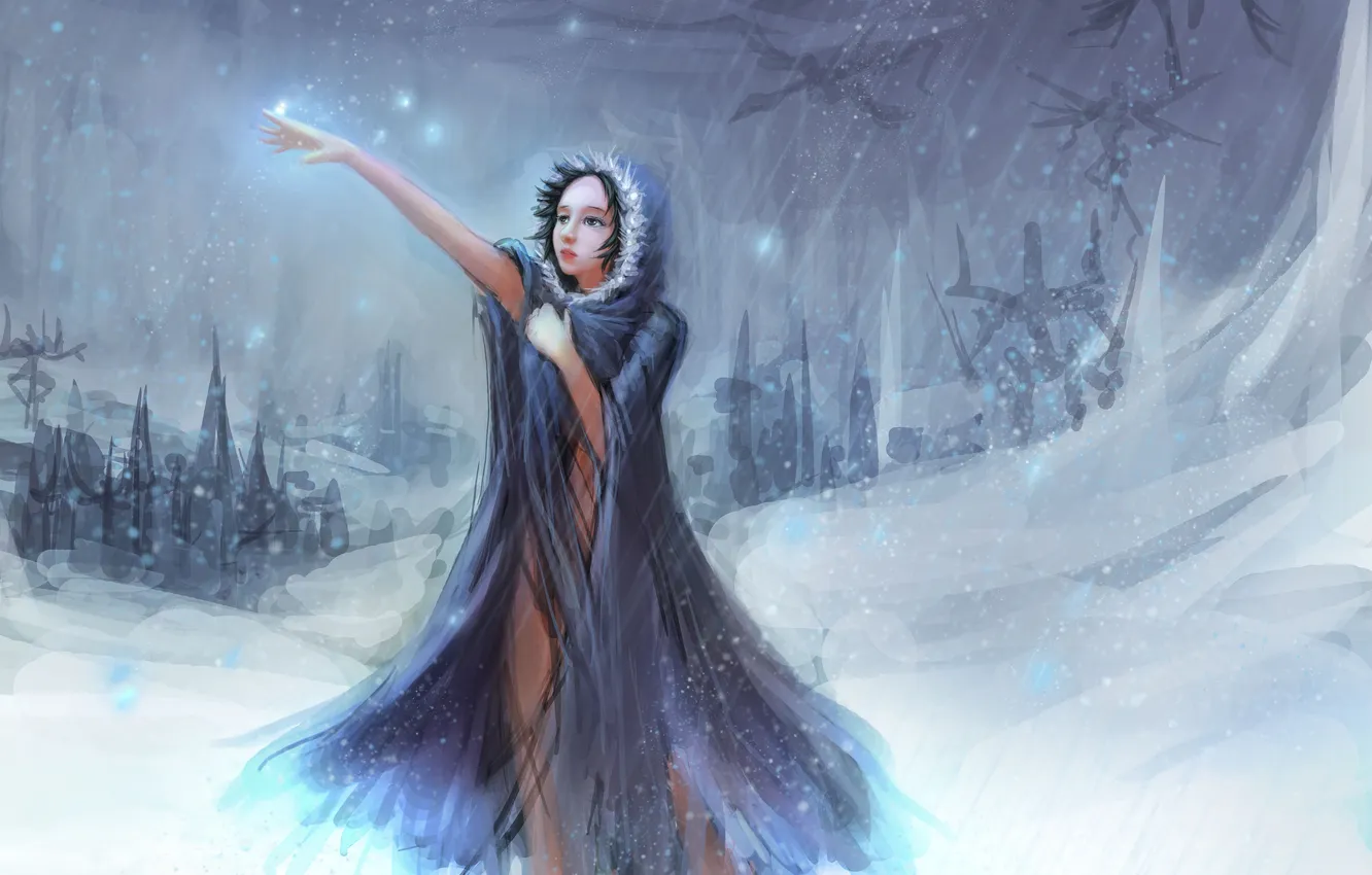 Photo wallpaper winter, the sky, girl, clouds, snow, castle, magic, anime