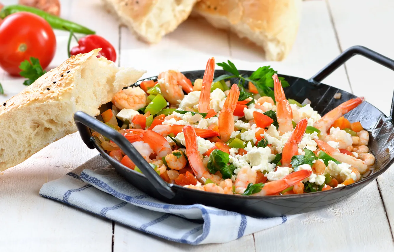 Photo wallpaper greens, cheese, vegetables, shrimp, cheese, vegetables, greens, dish with seafood