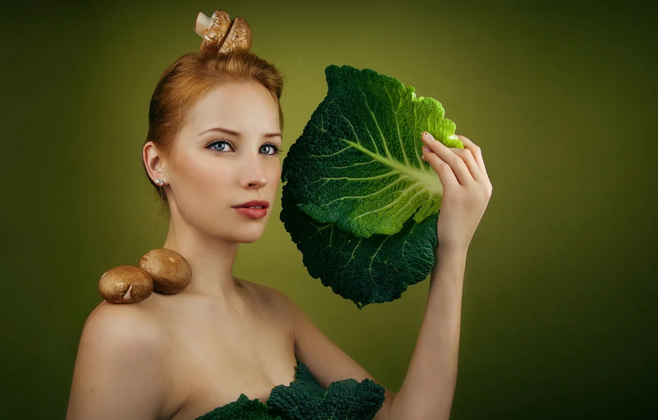 Photo wallpaper girl, mushrooms, cabbage