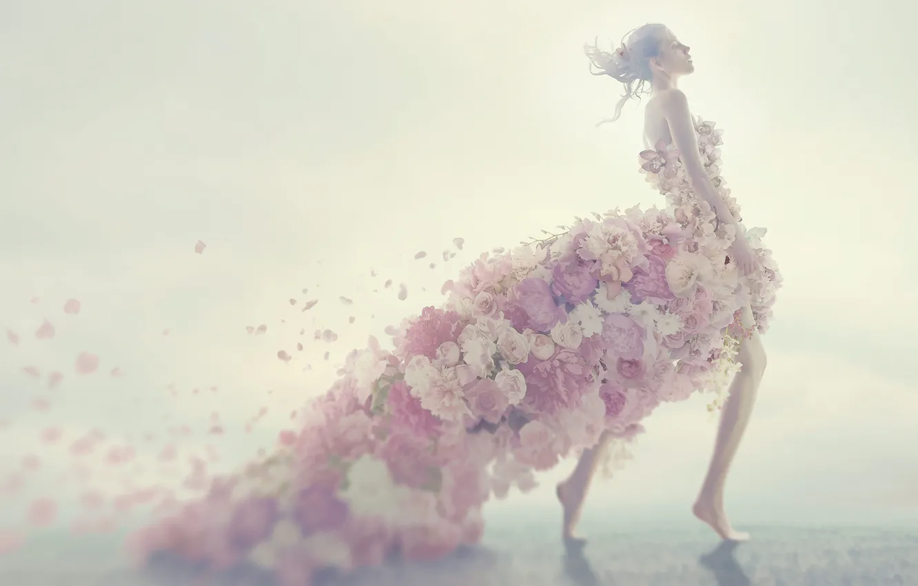 Photo wallpaper girl, flowers, creative, petals