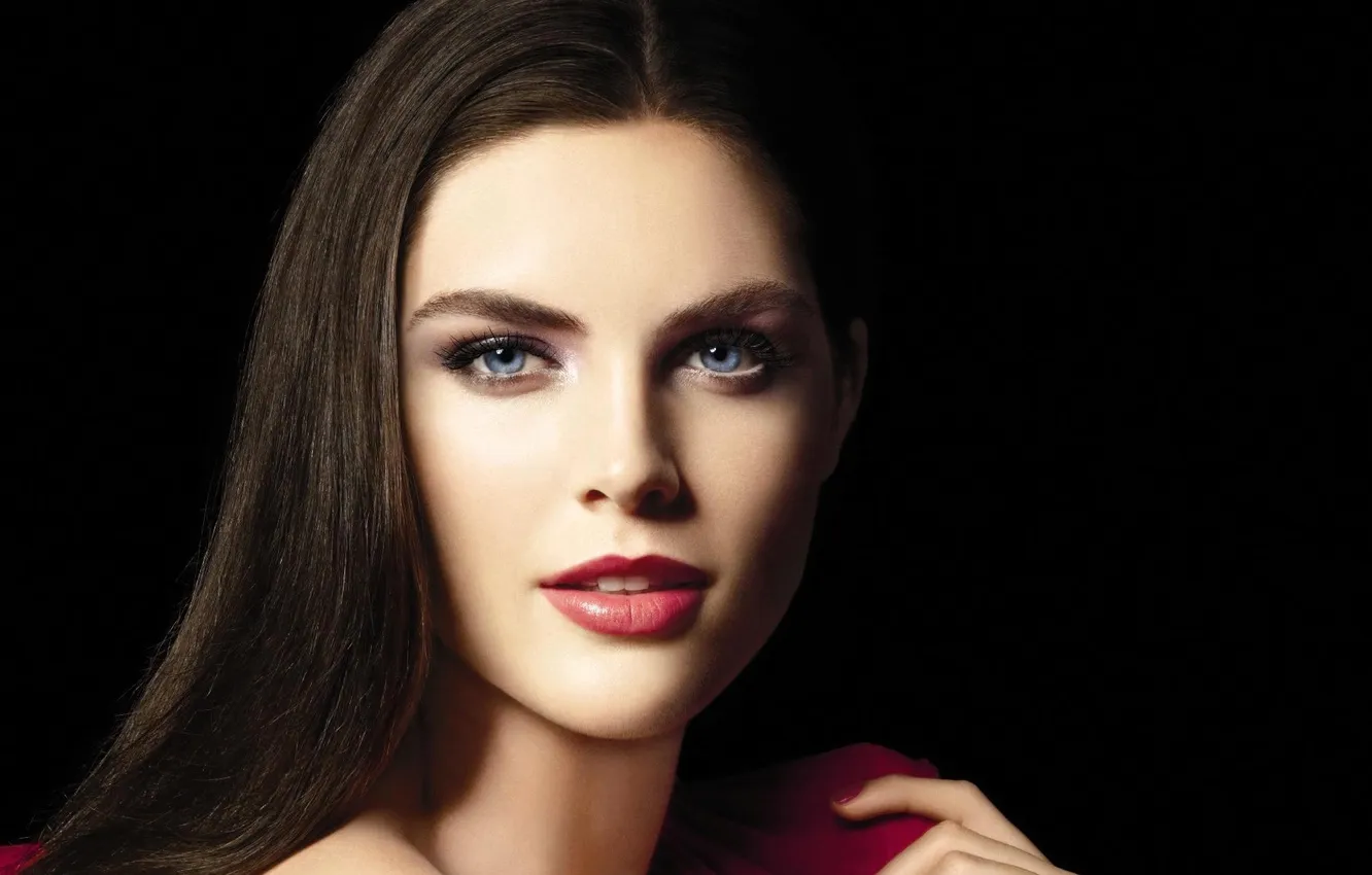 Photo wallpaper look, girl, face, model, hair, hands, black background, blue eyes