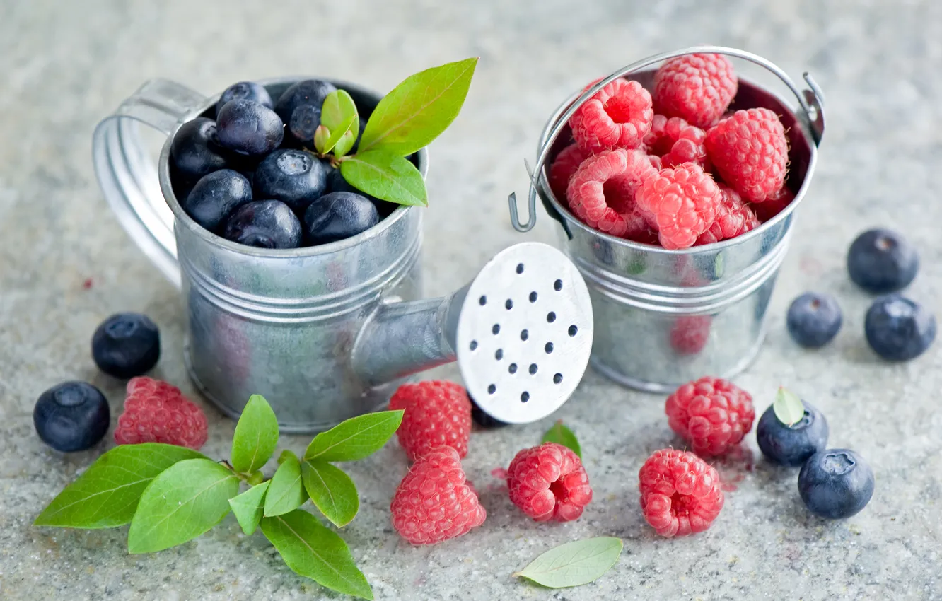 Photo wallpaper summer, berries, raspberry, blueberries, lake, leaves, bucket, Anna Verdina