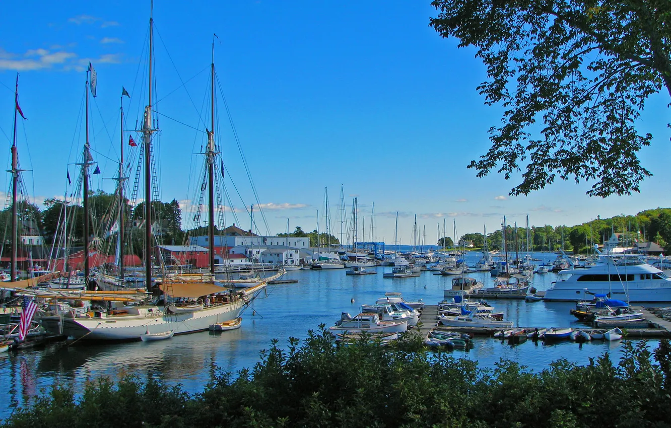 Photo wallpaper the sky, trees, boat, yacht, port, Bay, Parking, harbour