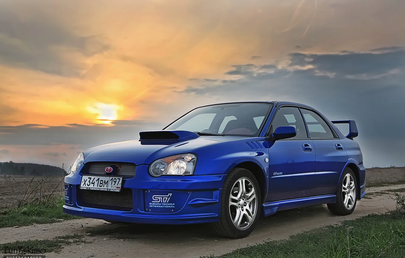 Photo wallpaper sunset, subaru, blue, auto, impreza, wrx sti