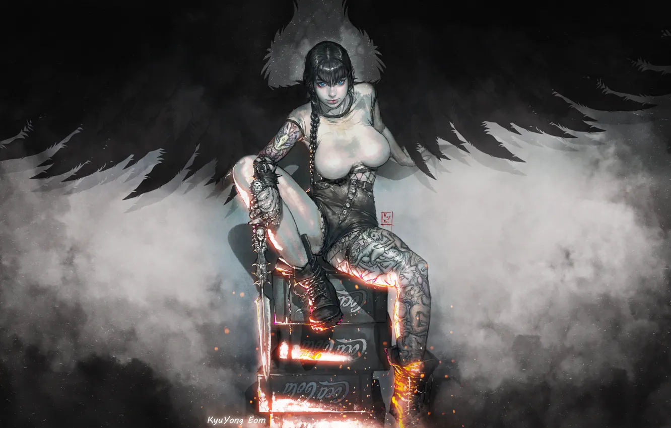 Photo wallpaper girl, style, wings, angel, sword, figure, tattoo, tattoo