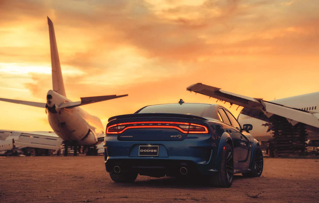 Photo wallpaper Sunset, Blue, Aircraft, Desert, Car, Muscle, Dodge charger srt hellcat widebody