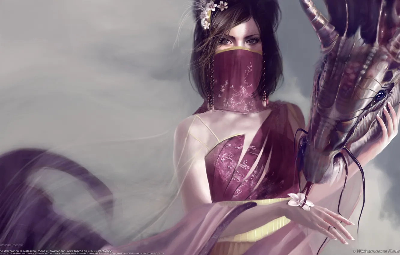 Photo wallpaper girl, flowers, dragon