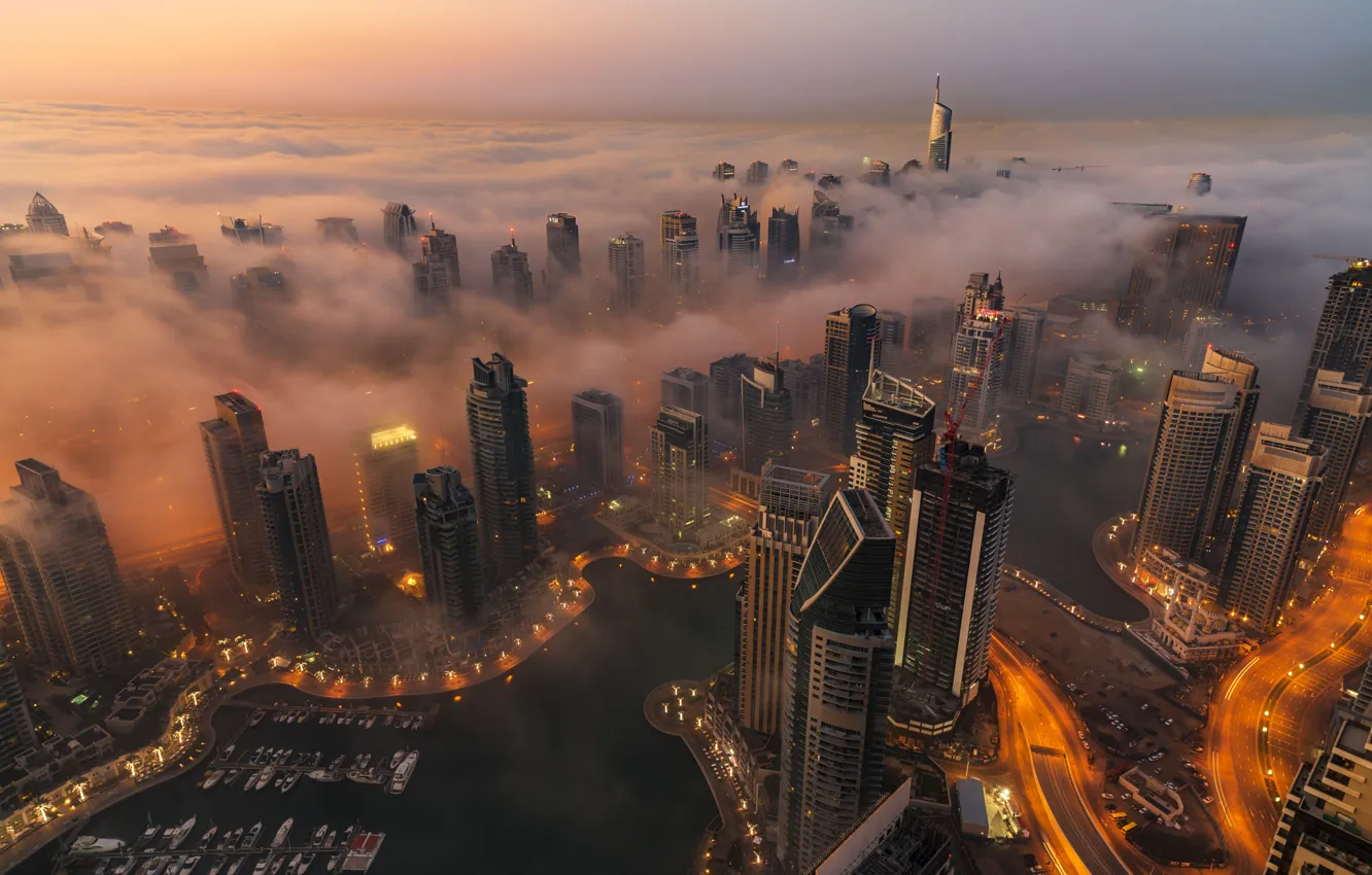 Photo wallpaper Dubai, landscape, smoke, skyscraper, clouds, foggy
