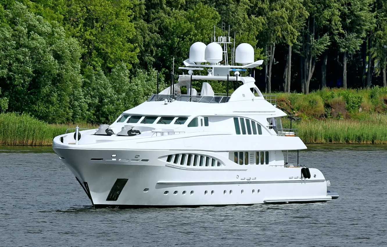 Photo wallpaper river, shore, yacht