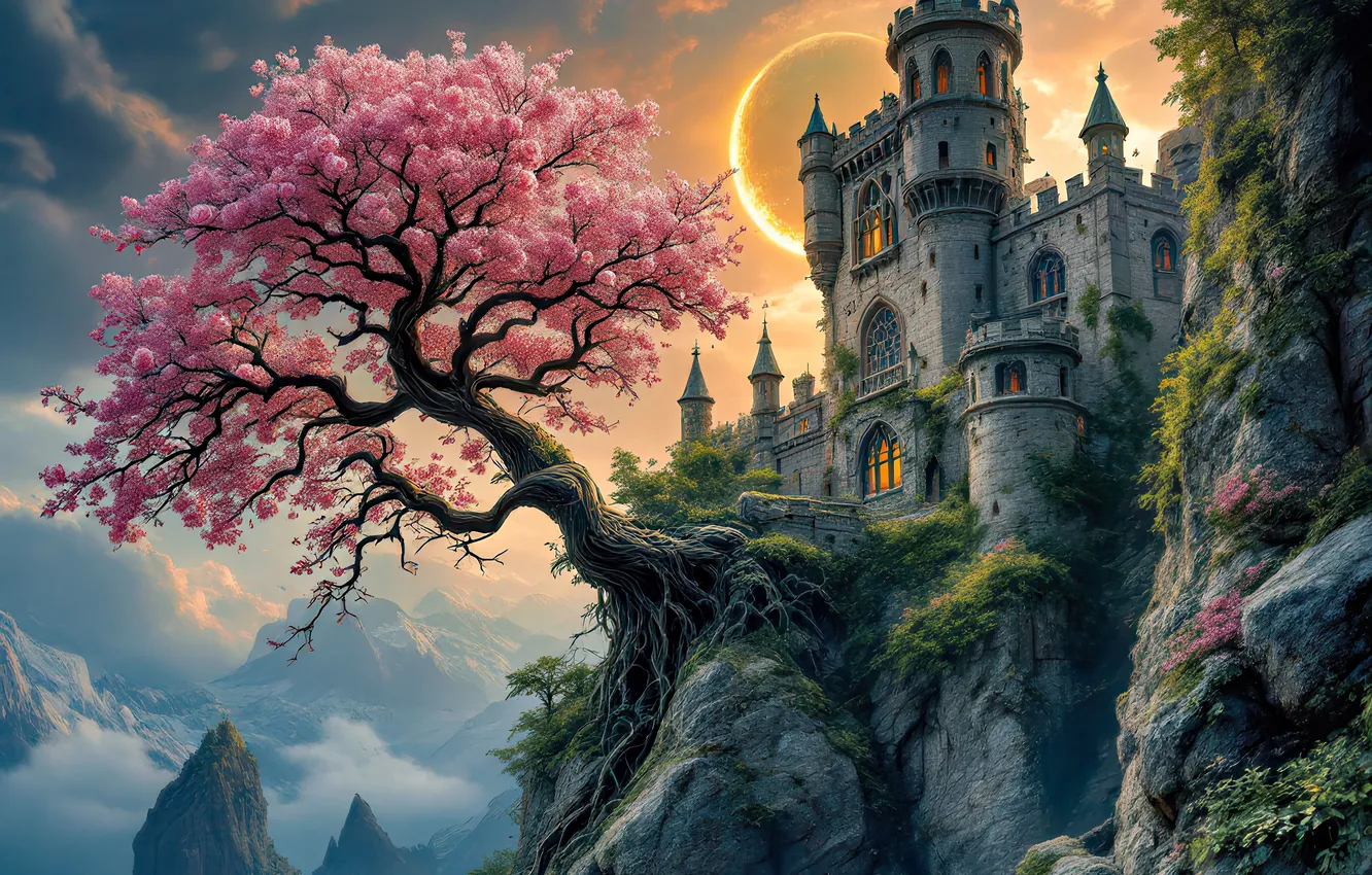 Photo wallpaper the sky, the sun, flowers, mountains, fog, castle, open, rocks