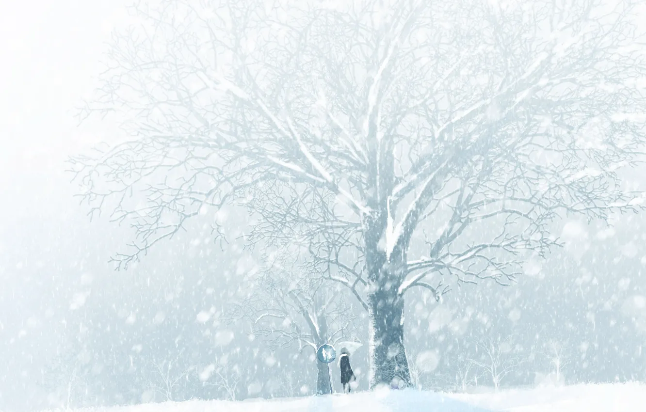 Photo wallpaper winter, girl, snow, tree, sign