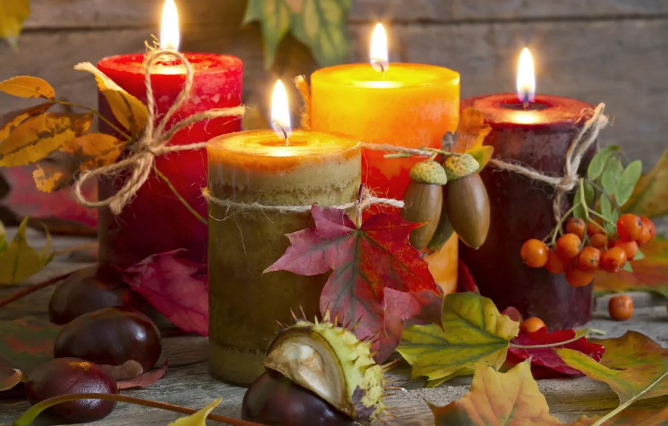 Photo wallpaper autumn, leaves, candles, still life