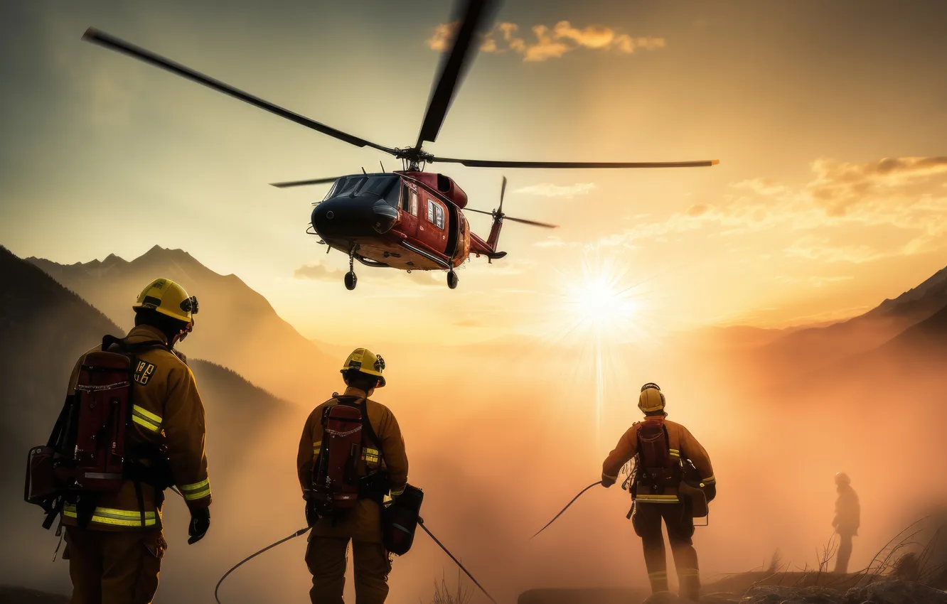 Photo wallpaper Trees, Smoke, Forest, Fire, Helicopter, Dawn, Men, Digital art