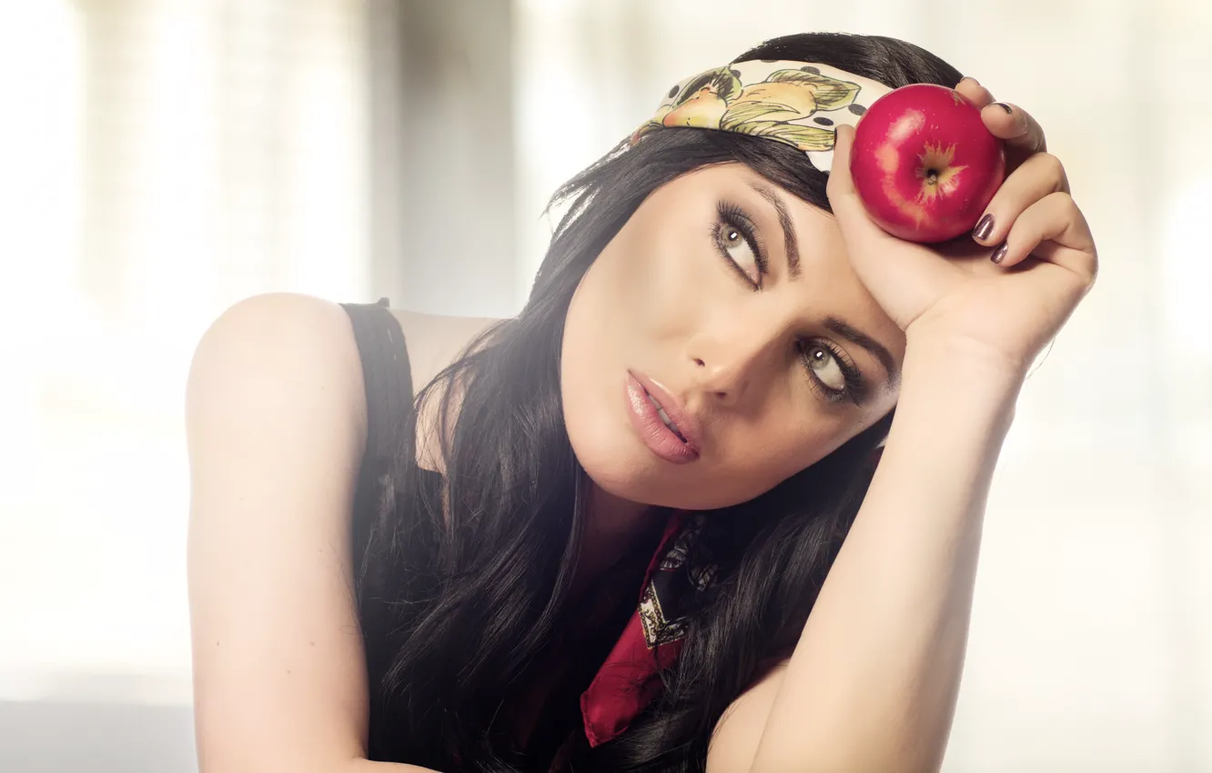 Photo wallpaper beautiful eyes, brunette, apple, pose, sexy