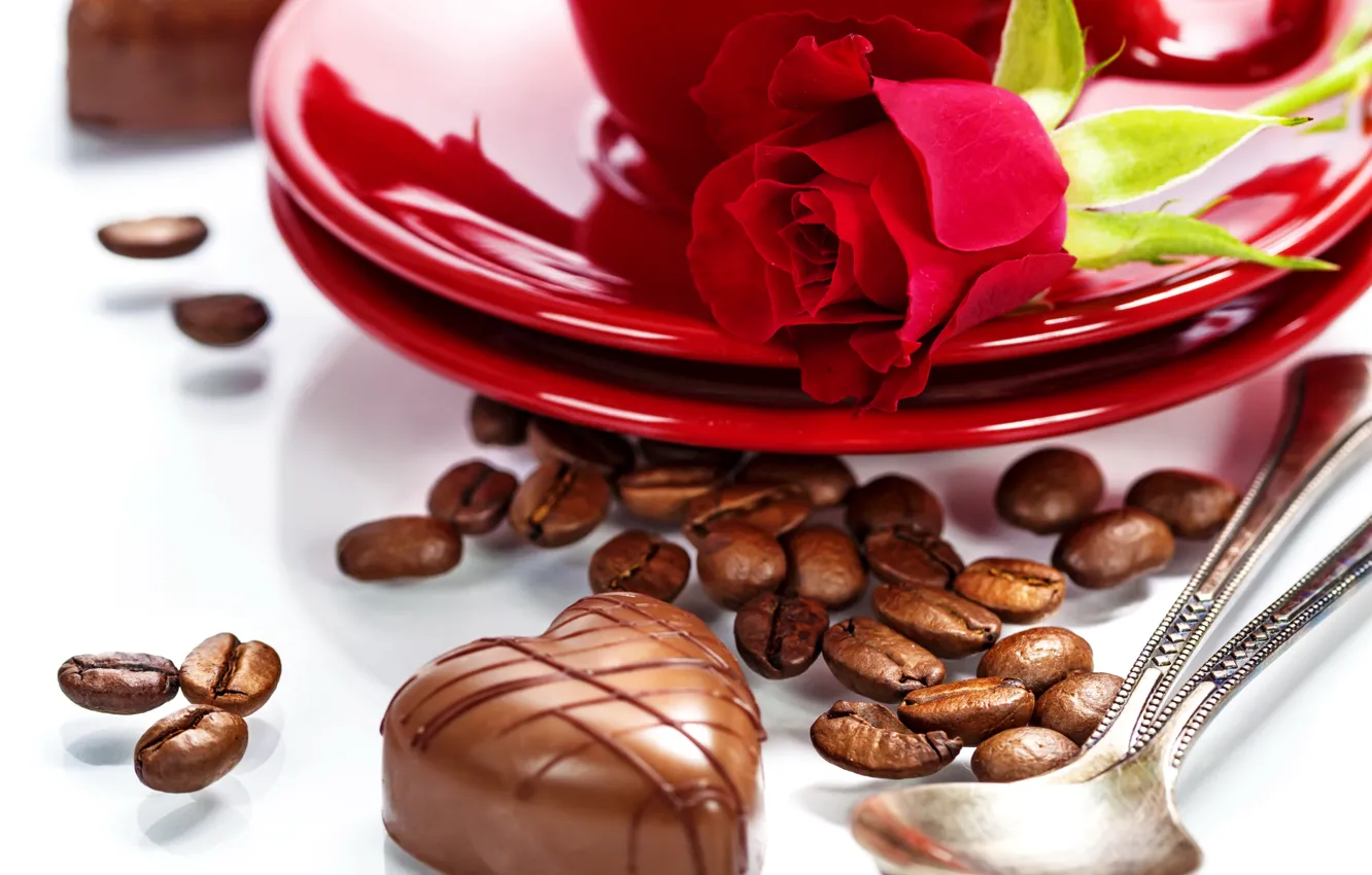 Photo wallpaper heart, coffee, chocolate, roses, plate, candy, spoon, love