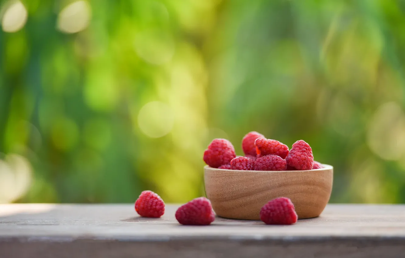 Photo wallpaper green, berries, raspberry, table, background, food, bowl, wooden